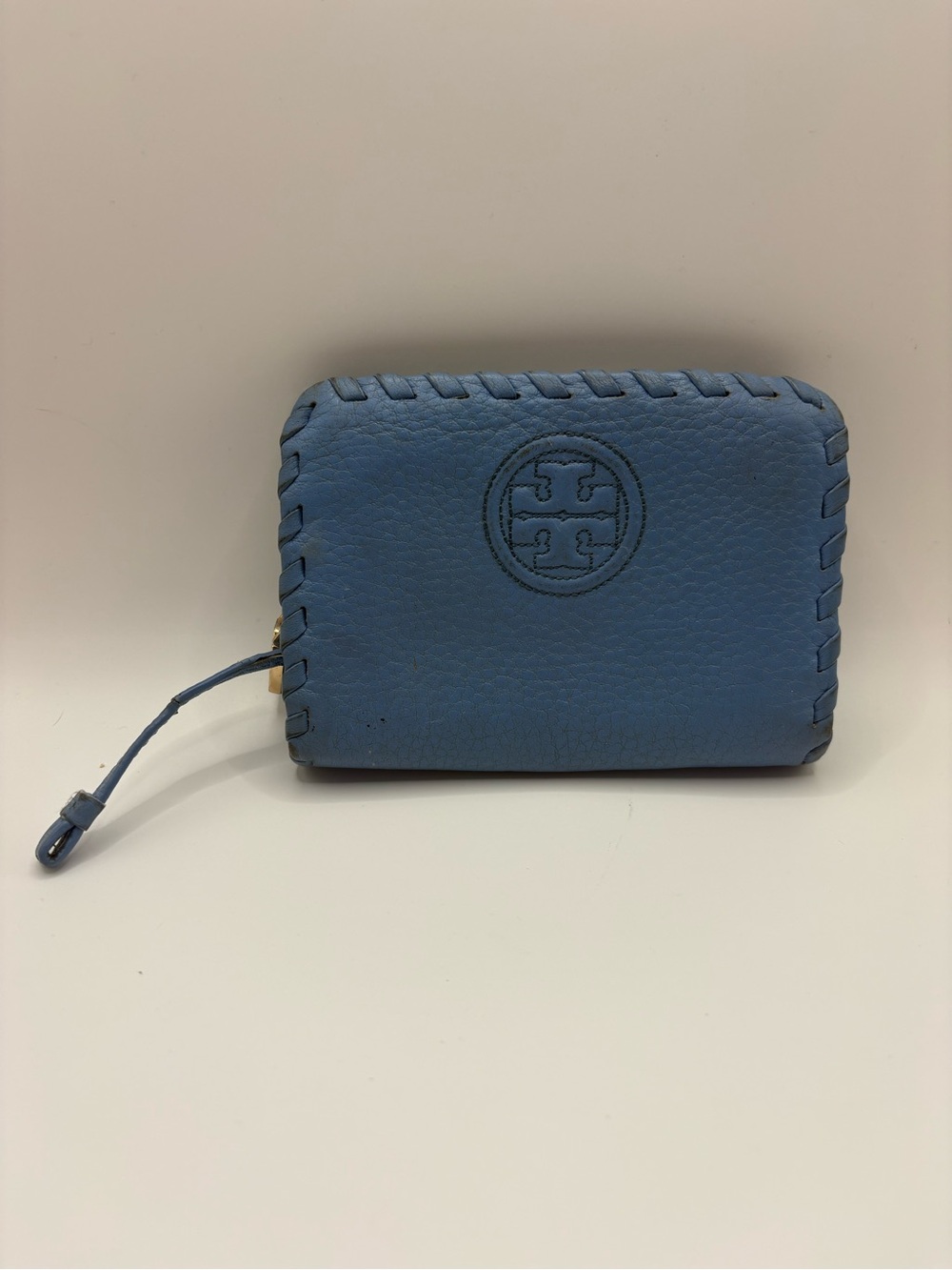 Tory Burch Light Blue Leather Zip Card Wallet with Whipstitch Trim